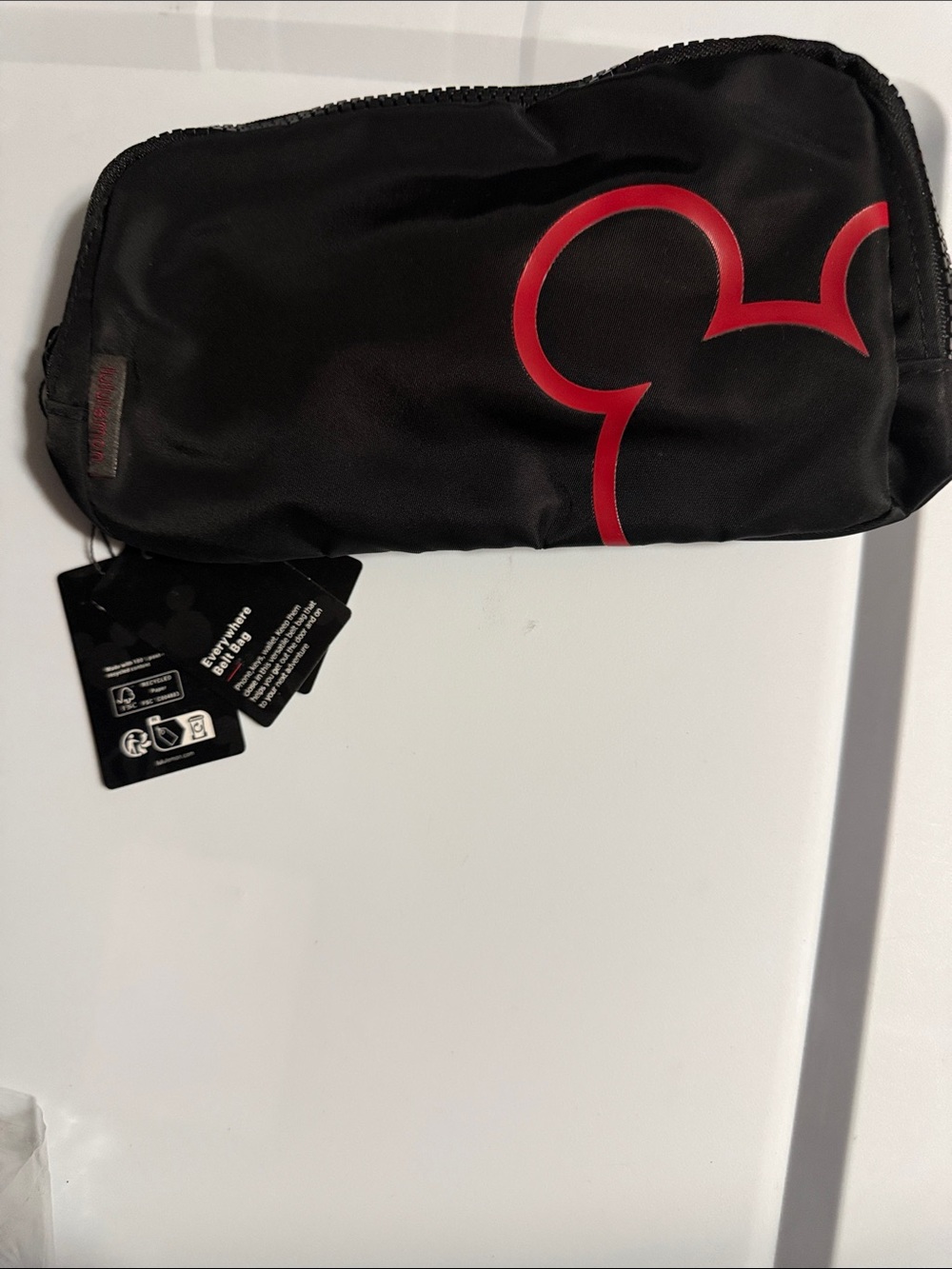 Disney Black lululemon belt bag with Red Mickey Outline Accent